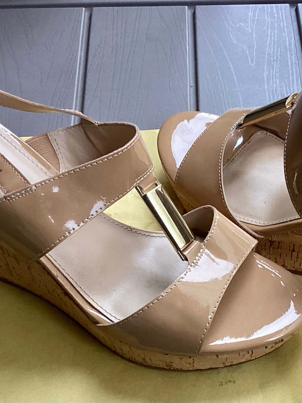 Arturo Chiang Nude Patent Wedge Sandals with Gold Accent